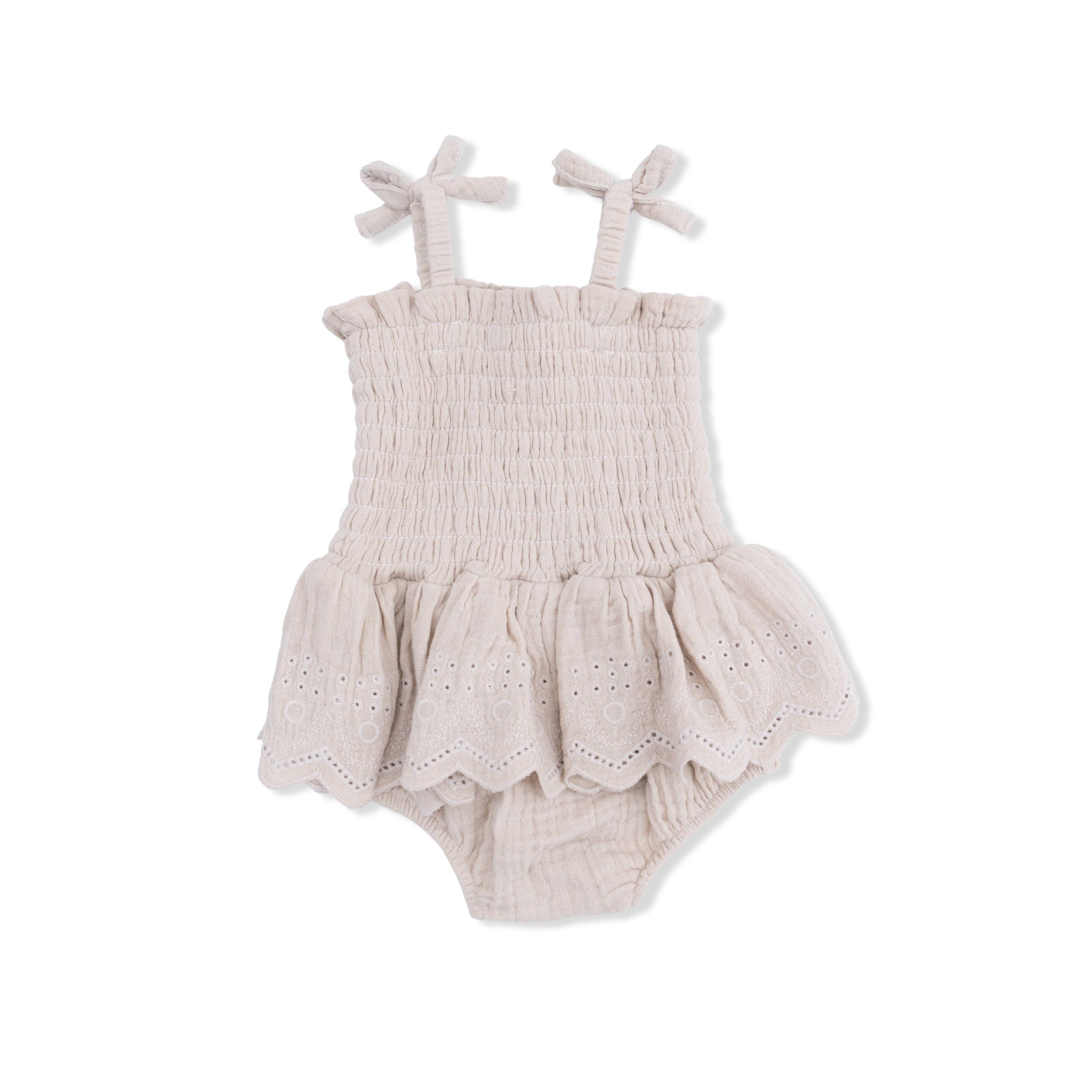 Angel Dear Smocked Bubble with Skirt, Solid Muslin French Oak