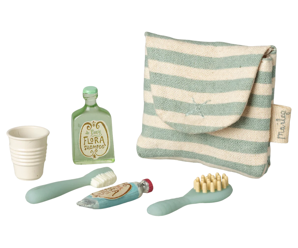 Maileg Toothbrush Set in Bag, Mouse - Blue Stripe - Flying Ryno