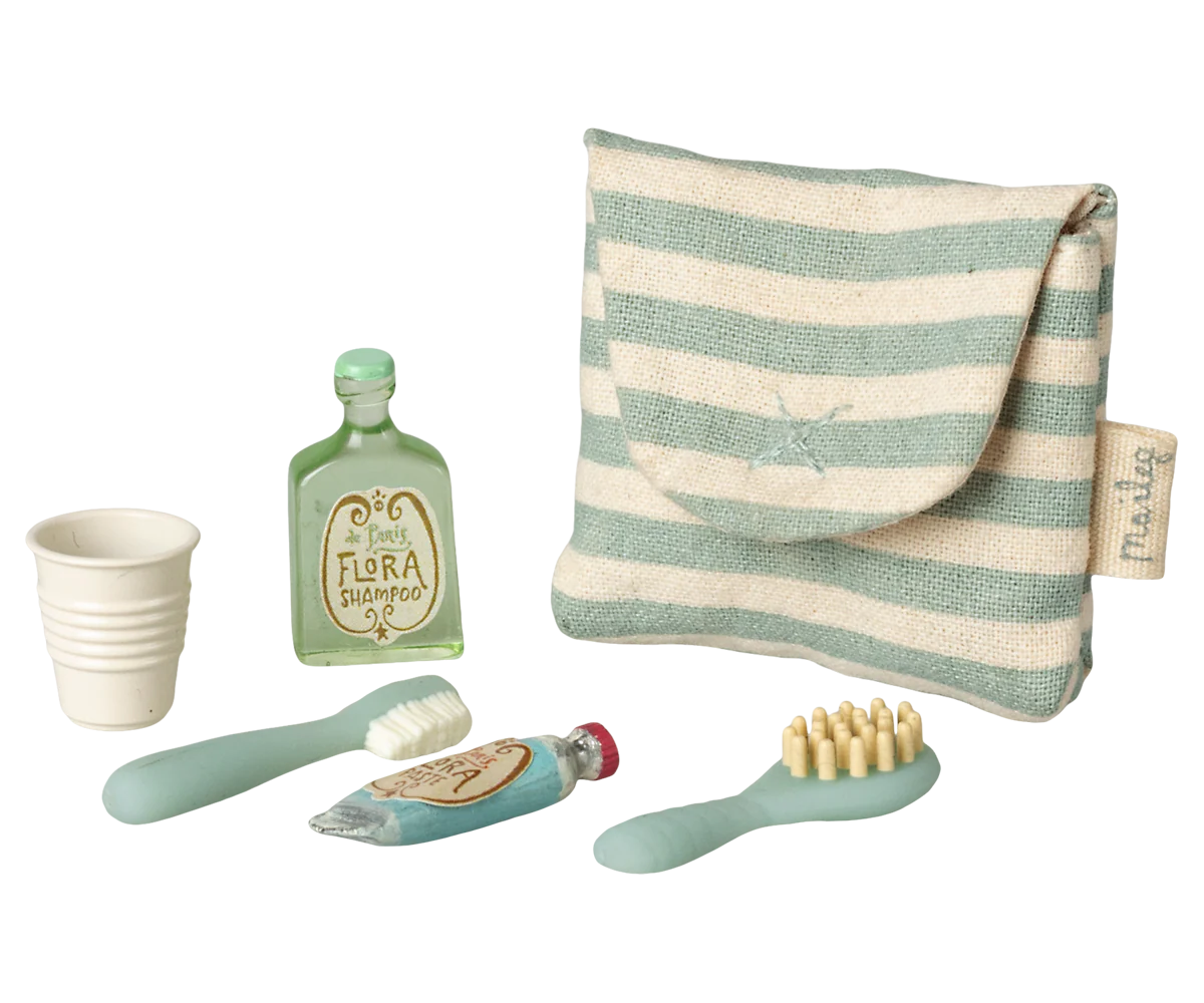 Maileg Toothbrush Set in Bag, Mouse - Blue Stripe - Flying Ryno