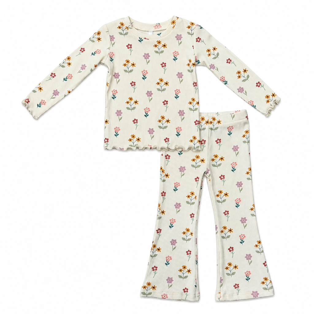 Babysprouts Girls Lettuce Hem Tee and Flare Pants Set, Meadow Bloom