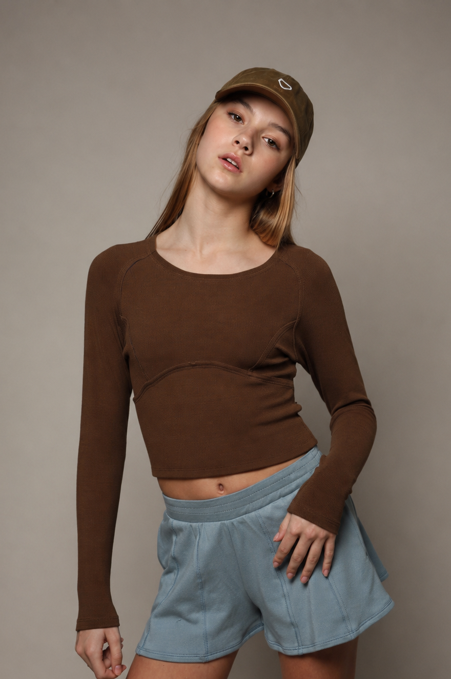 TENLY Rayon Ribbed Long Sleeve Raglan Baseball Top, Chocolate Lava