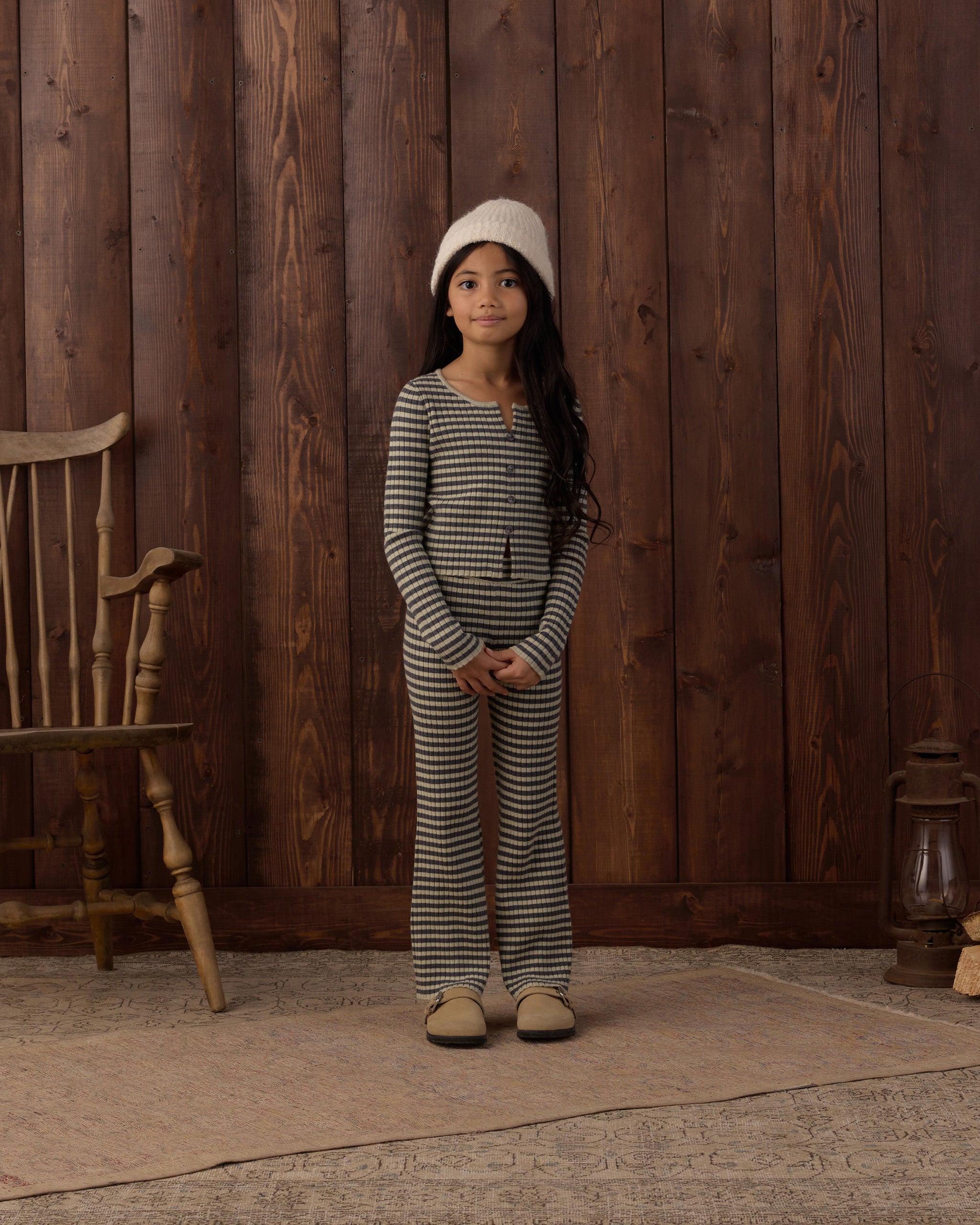 Rylee and Cru Long Sleeve Knit Tee and Flare Rib Knit Pant Set, Midnight Stripe