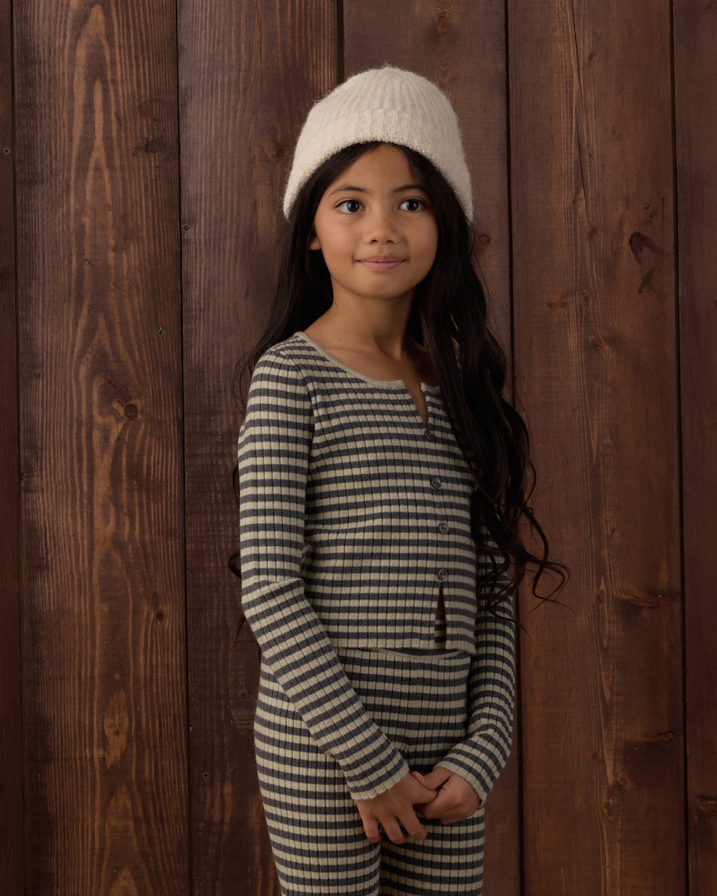 Rylee and Cru Long Sleeve Knit Tee and Flare Rib Knit Pant Set, Midnight Stripe
