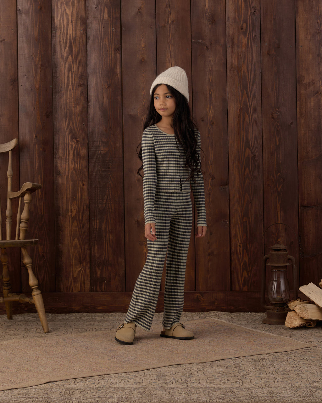 Rylee and Cru Long Sleeve Knit Tee and Flare Rib Knit Pant Set, Midnight Stripe