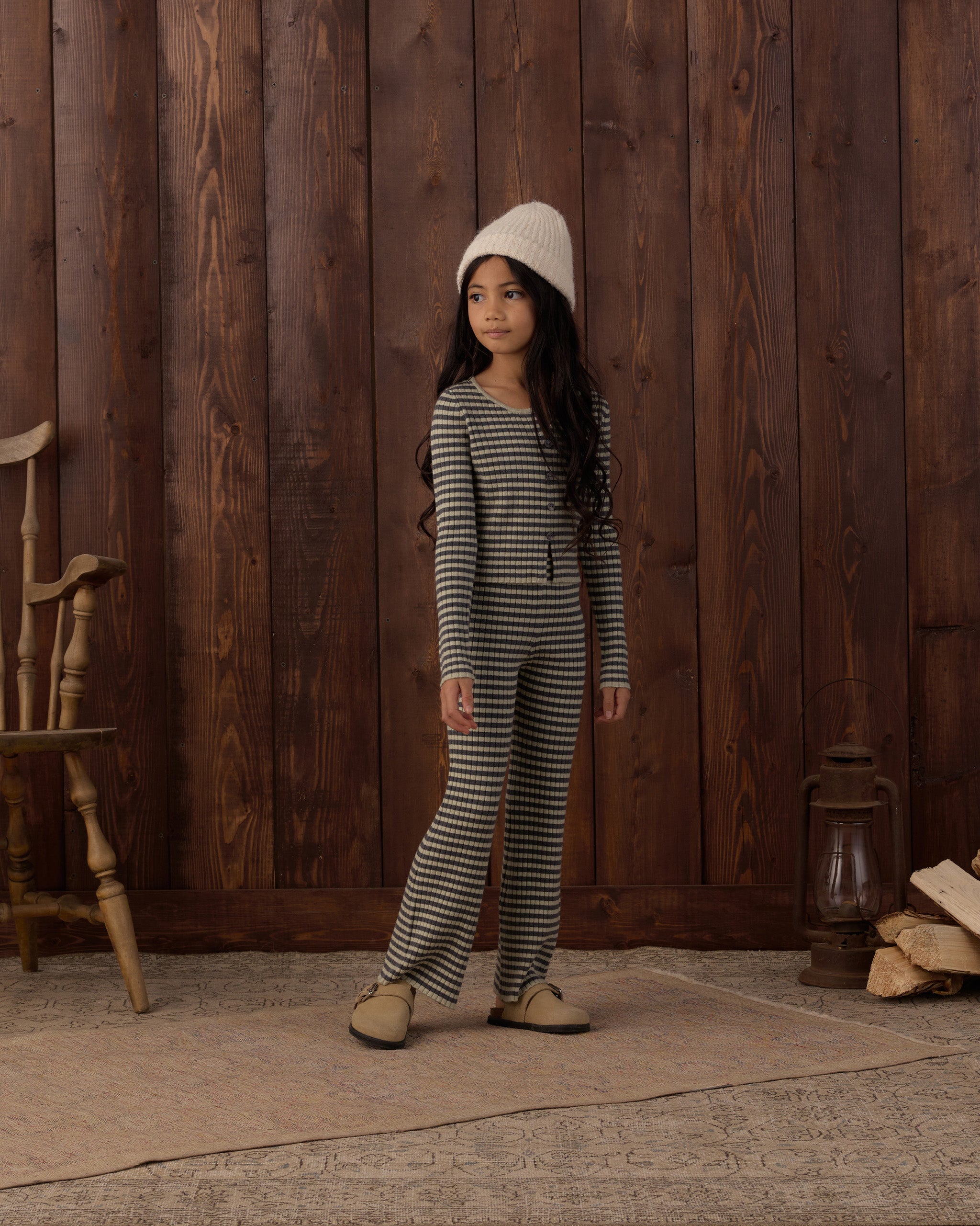 Rylee and Cru Long Sleeve Knit Tee and Flare Rib Knit Pant Set, Midnight Stripe