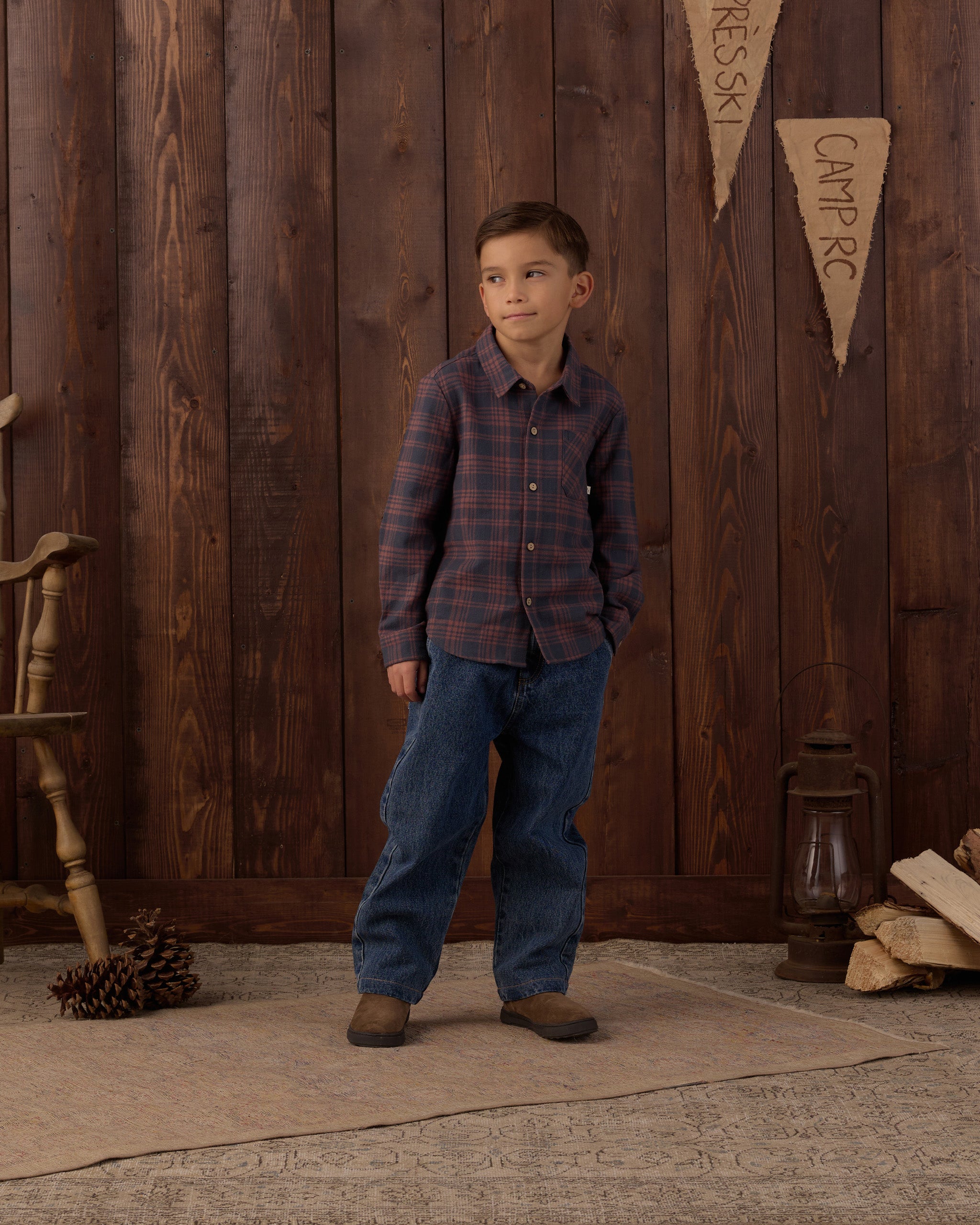 Rylee and Cru Collared Long Sleeve Shirt, Midnight Plaid