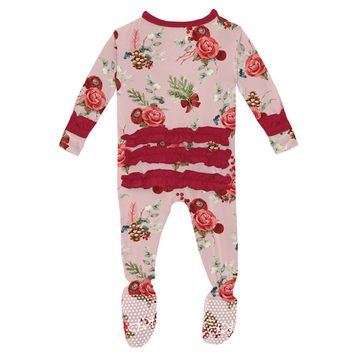 Kickee Pants Print Layette Ruffle Footie with 2 Way Zipper, Baby Rose Holiday Floral