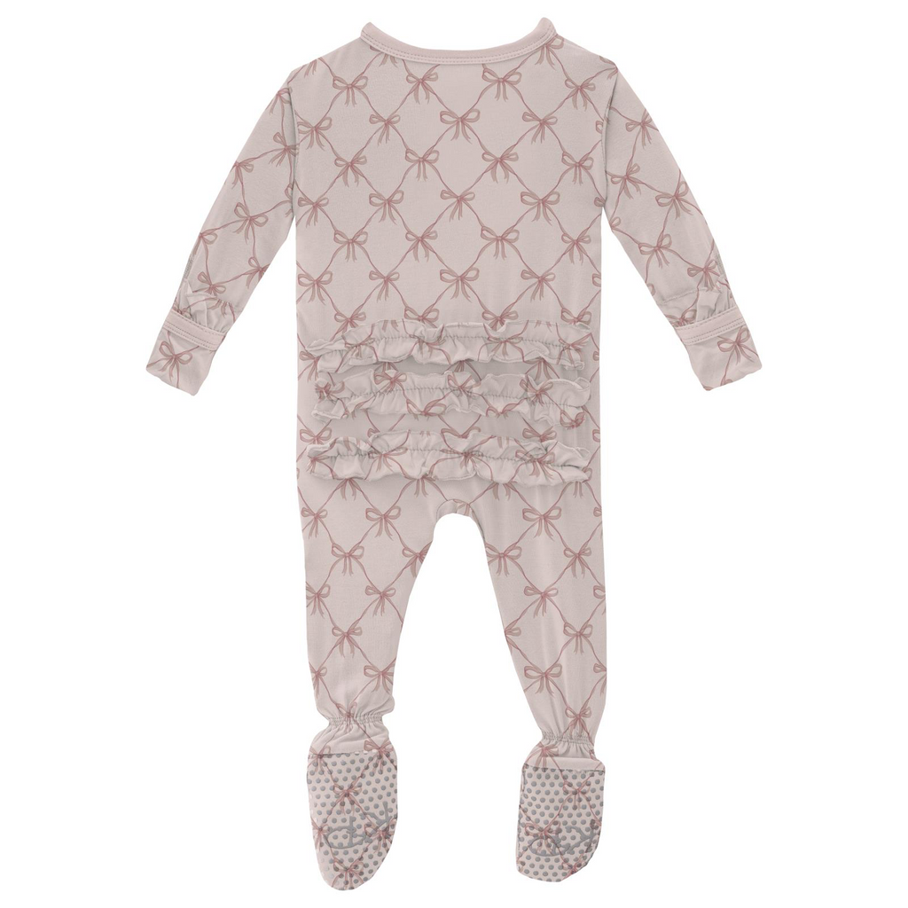 Kickee Pants Print Layette Ruffle Footie with 2 Way Zipper, Shrinking Violet Bow Lattice