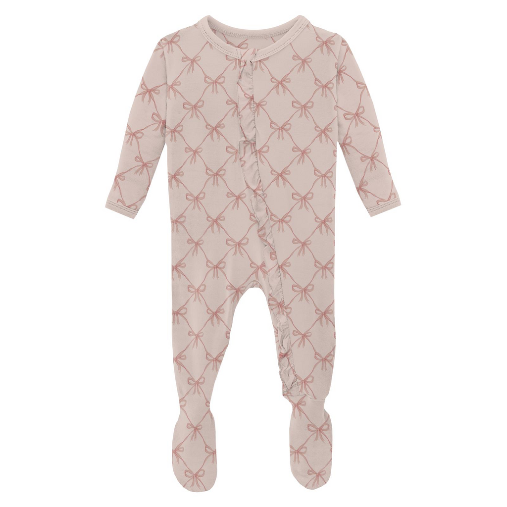 Kickee Pants Print Layette Ruffle Footie with 2 Way Zipper, Shrinking Violet Bow Lattice