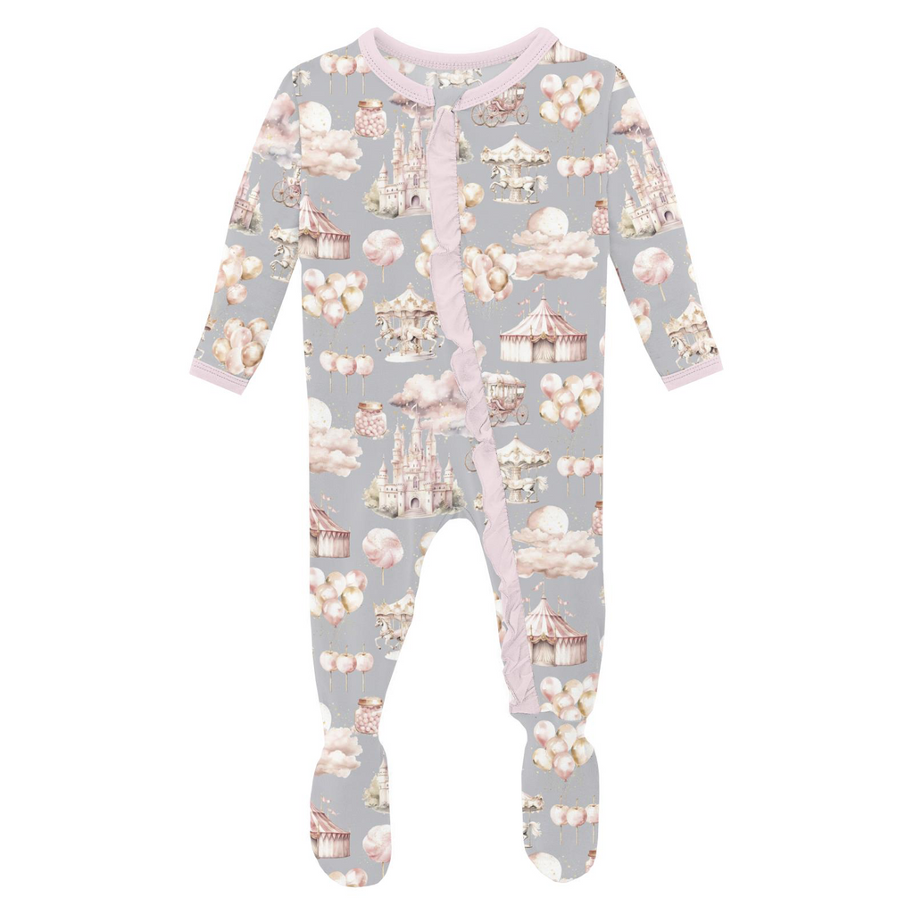 Kickee Pants Print Layette Ruffle Footie with 2 Way Zipper, Dove Princess Dreams