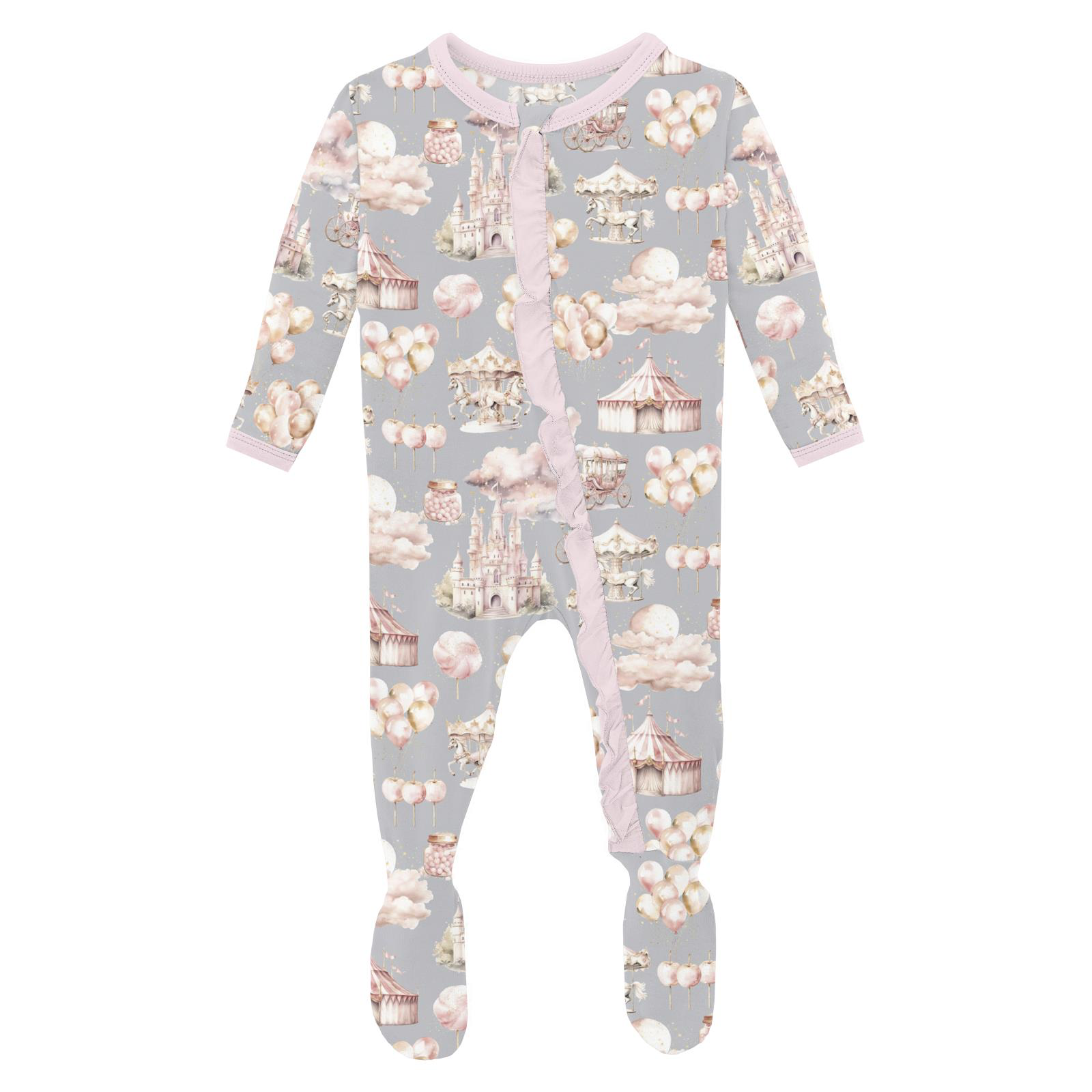 Kickee Pants Print Layette Ruffle Footie with 2 Way Zipper, Dove Princess Dreams