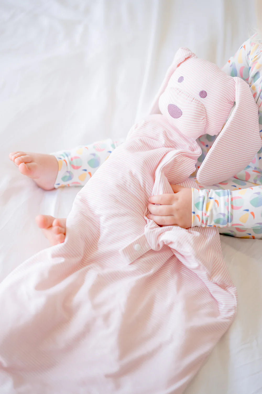 The Uptown Baby Sleep Romper, Pink Mini-Stripe Dog Lovey + Paci Clip Holder - Flying Ryno