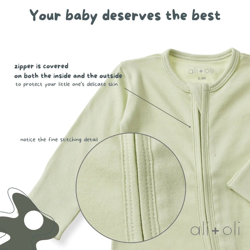 Ali + Oli Baby Footie 2 - Way Zipper – Organic Cotton Lounge Wear Sage - Flying Ryno