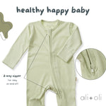 Ali + Oli Baby Footie 2 - Way Zipper – Organic Cotton Lounge Wear Sage - Flying Ryno