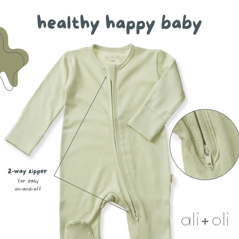 Ali + Oli Baby Footie 2 - Way Zipper – Organic Cotton Lounge Wear Sage - Flying Ryno