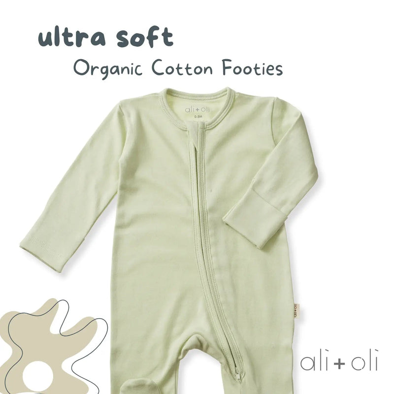 Ali + Oli Baby Footie 2 - Way Zipper – Organic Cotton Lounge Wear Sage - Flying Ryno