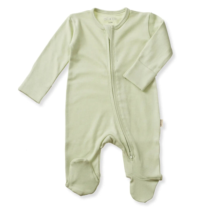 Ali + Oli Baby Footie 2 - Way Zipper – Organic Cotton Lounge Wear Sage - Flying Ryno