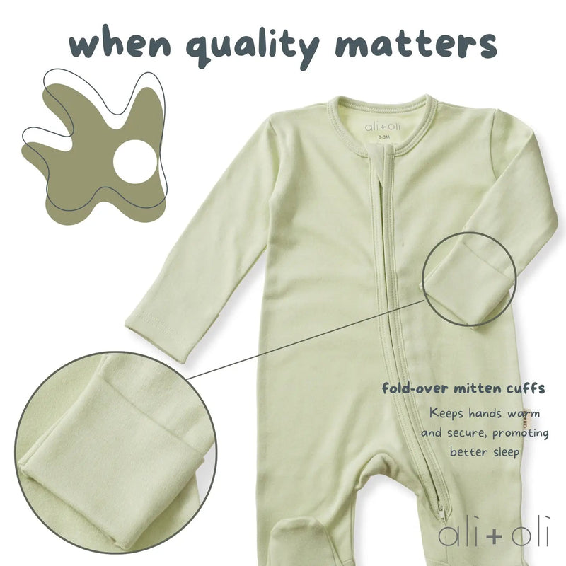Ali + Oli Baby Footie 2 - Way Zipper – Organic Cotton Lounge Wear Sage - Flying Ryno