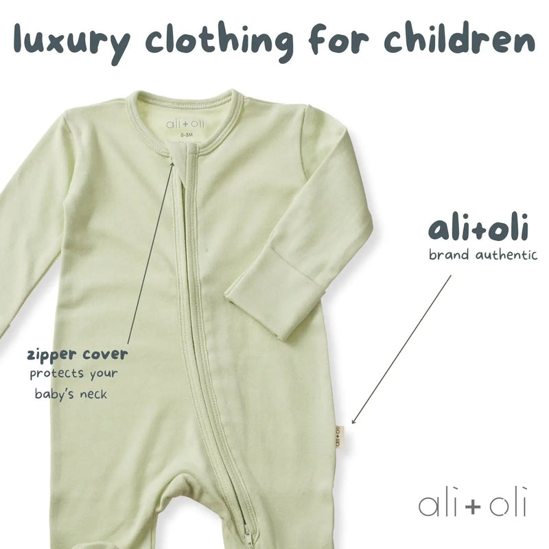Ali + Oli Baby Footie 2 - Way Zipper – Organic Cotton Lounge Wear Sage - Flying Ryno