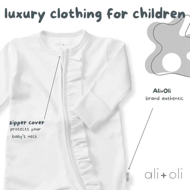 Ali + Oli Baby Ruffle Footie 2 - Way Zipper – Organic Cotton Lounge Wear White - Flying Ryno
