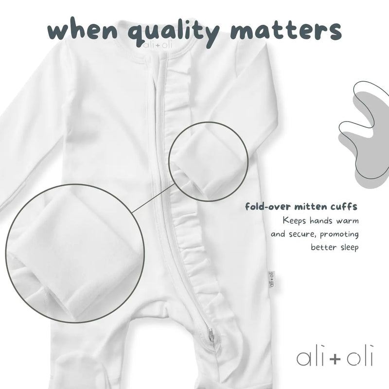 Ali + Oli Baby Ruffle Footie 2 - Way Zipper – Organic Cotton Lounge Wear White - Flying Ryno