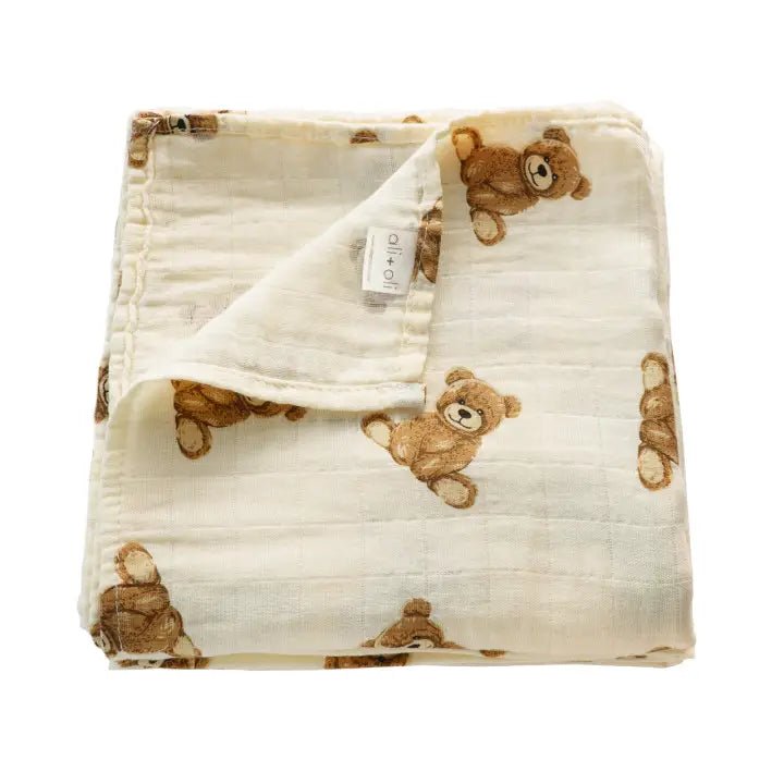 Ali+Oli Bamboo Muslin Swaddle Blanket (Teddy Bear) - Flying Ryno