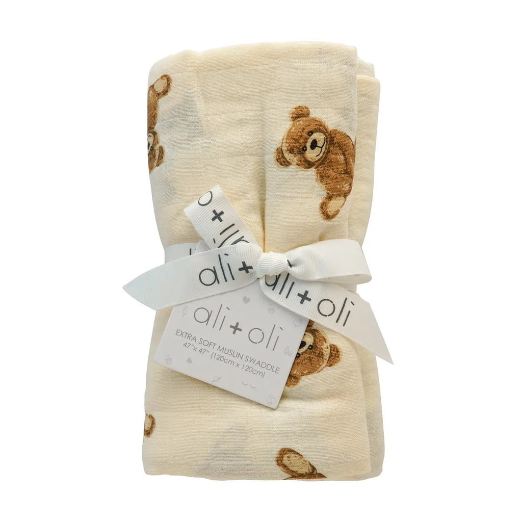 Ali+Oli Bamboo Muslin Swaddle Blanket (Teddy Bear) - Flying Ryno
