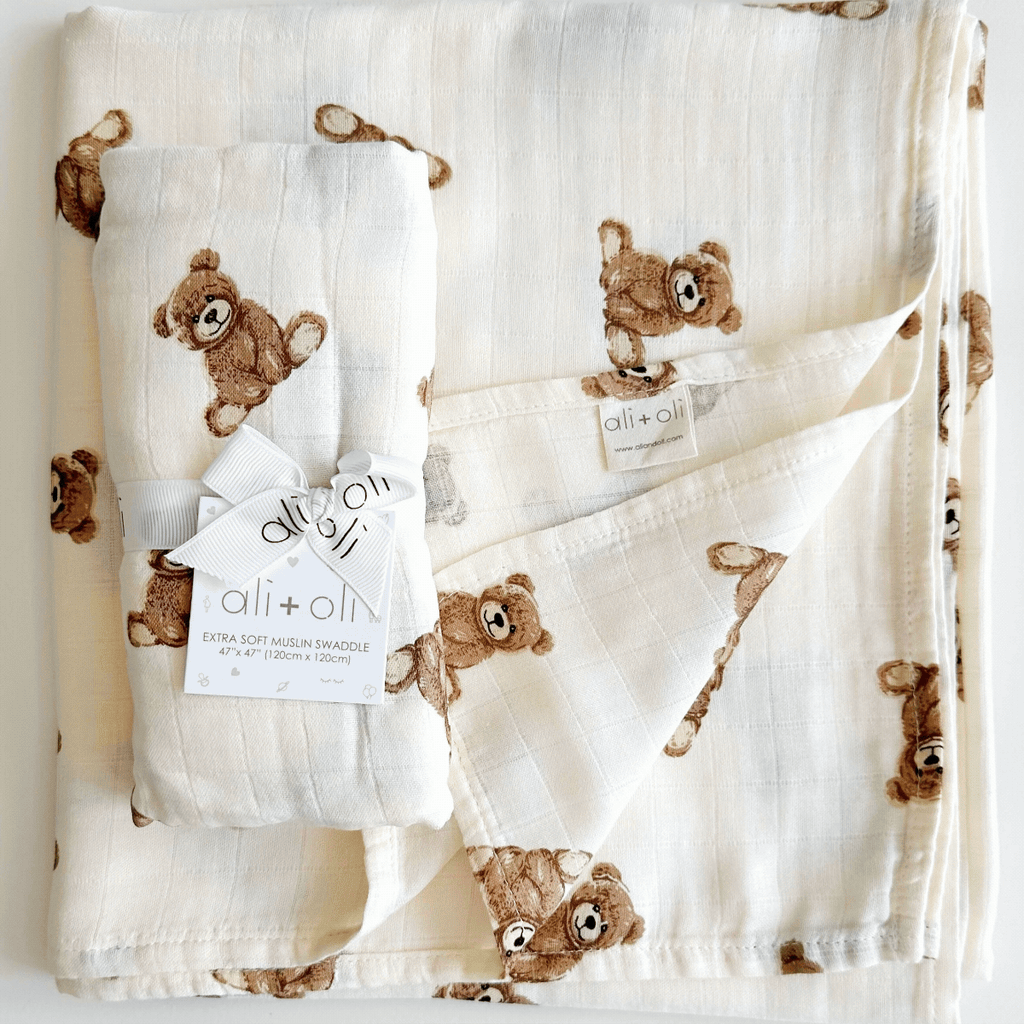 Ali+Oli Bamboo Muslin Swaddle Blanket (Teddy Bear) - Flying Ryno
