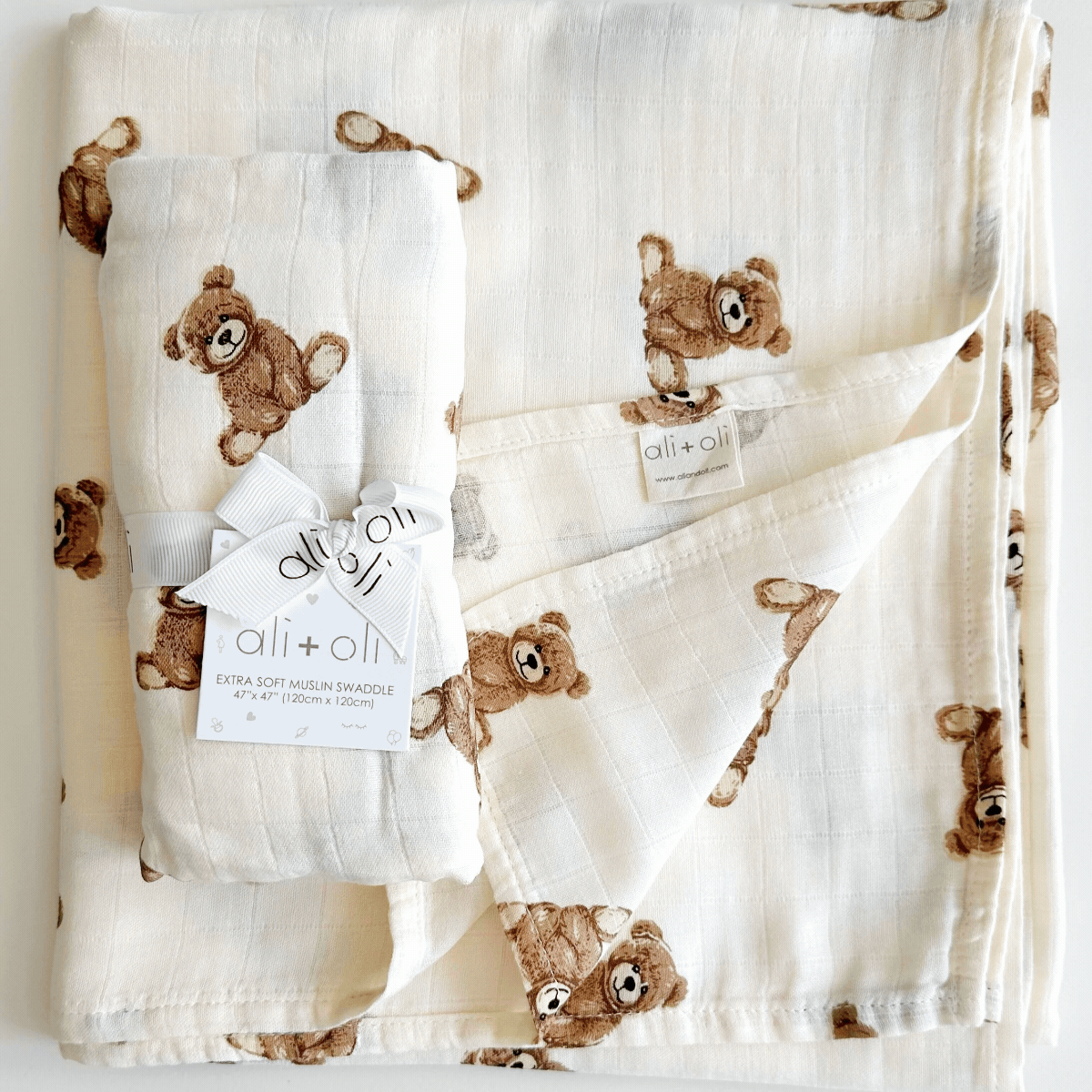 Ali+Oli Bamboo Muslin Swaddle Blanket (Teddy Bear) - Flying Ryno