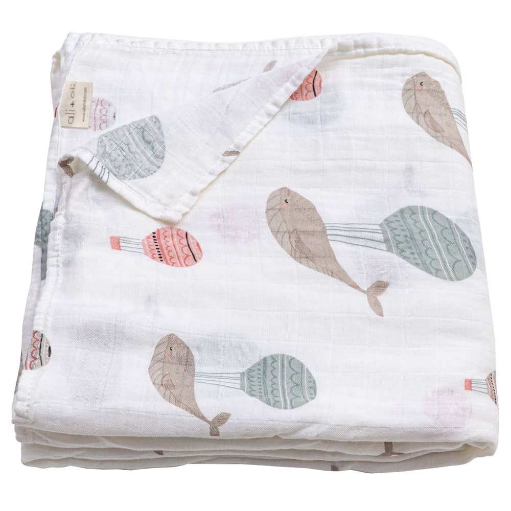 Ali+Oli Bamboo Muslin Swaddle Blanket (Whale) - Flying Ryno