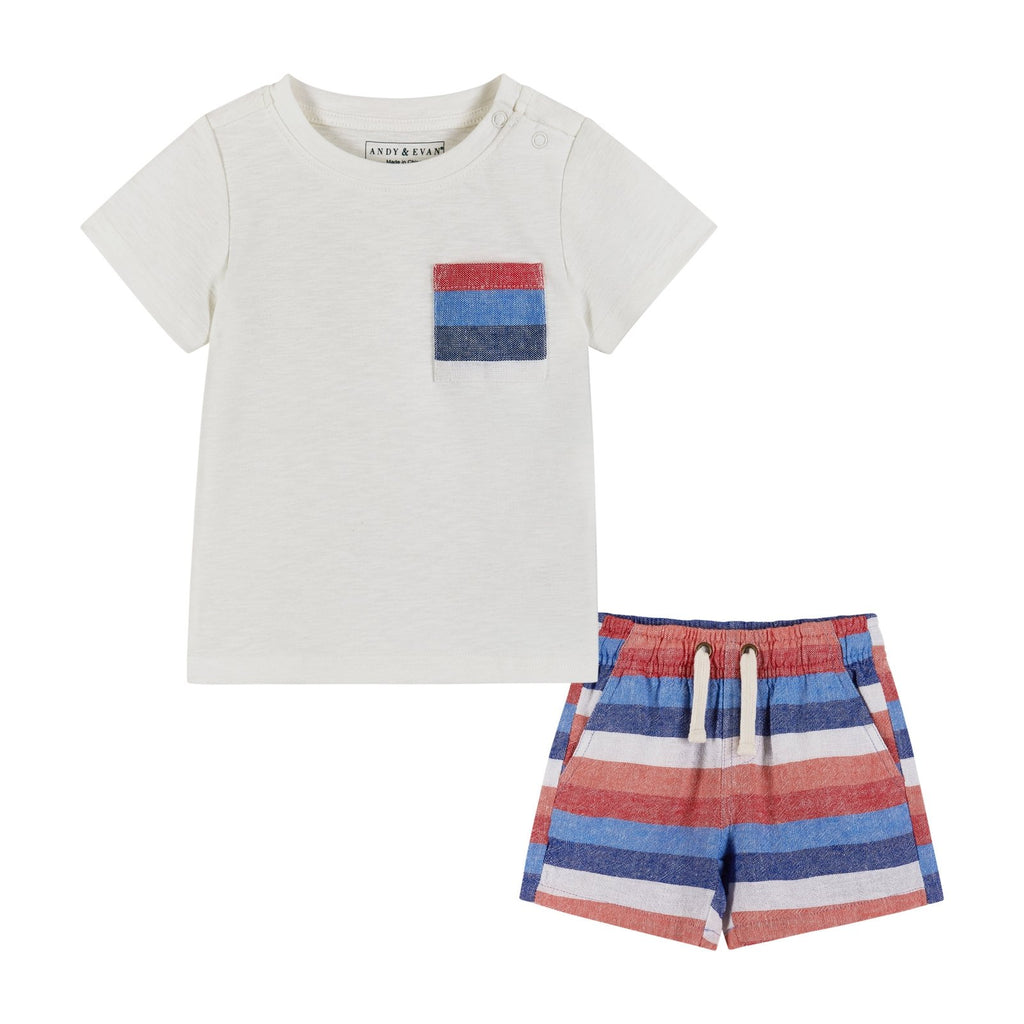 Andy and Evan Lt. Heather Grey T-shirt W/red/white/blue Striped Pocket & Matching Drawstring Short Set - Flying Ryno