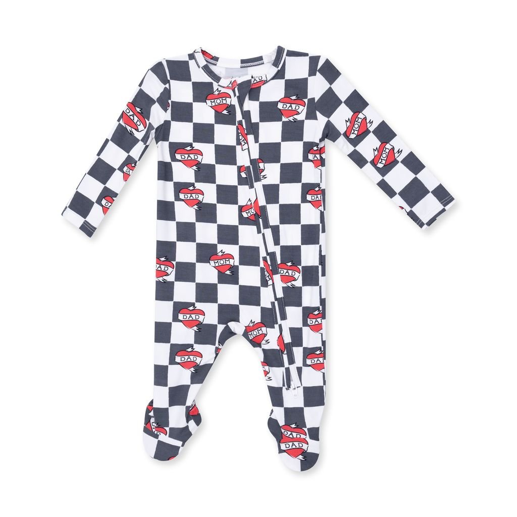 Angel Dear 2 Way Zipper Footie, Heart Tattoo Check Black - Flying Ryno