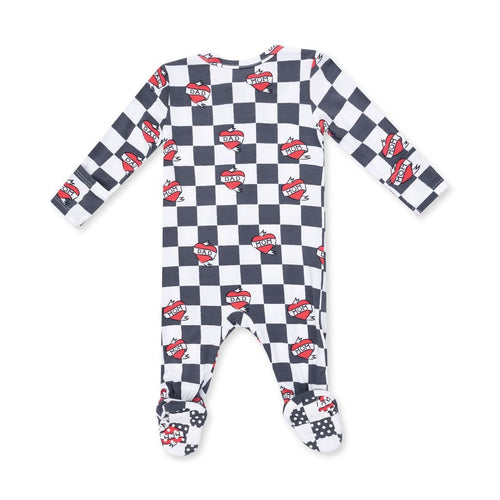 Angel Dear 2 Way Zipper Footie, Heart Tattoo Check Black - Flying Ryno