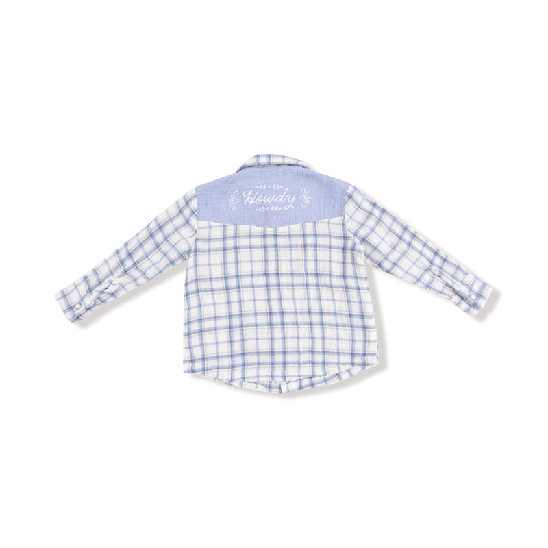 Angel Dear Blue Plaid - L/s Western Pearl Snap Shirt With Howdy Embroidery On Back - Flying Ryno