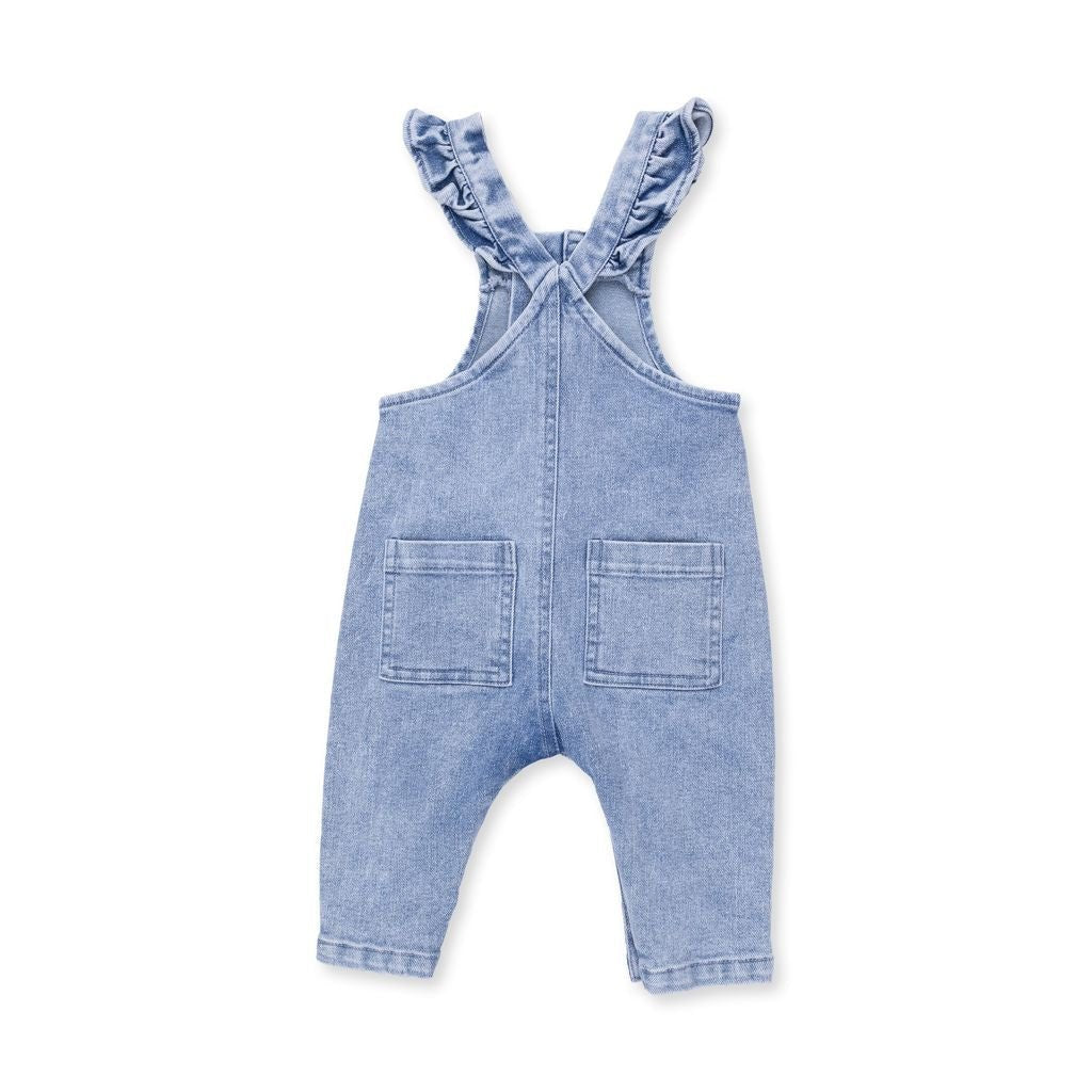 Angel Dear Button Up Ruffle Overall, Old School Blue Stretch Denim - Flying Ryno