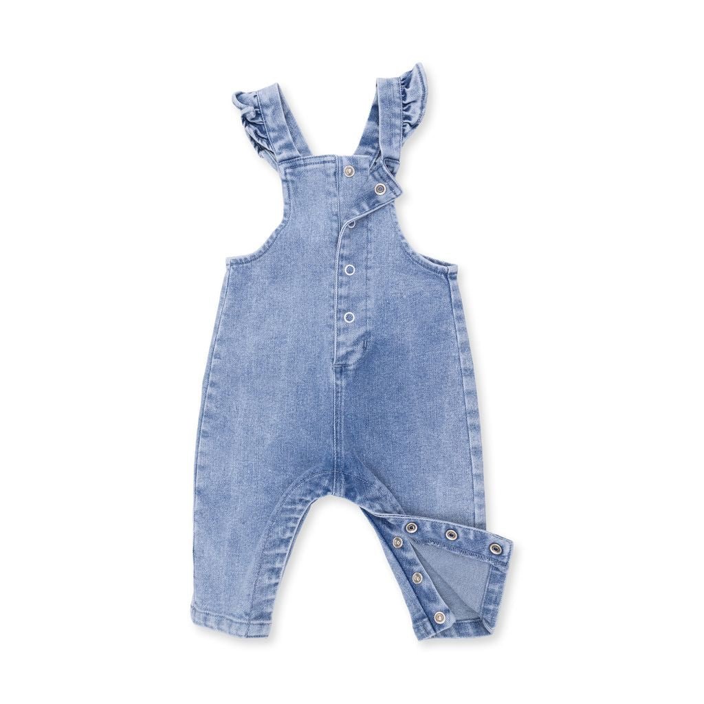 Angel Dear Button Up Ruffle Overall, Old School Blue Stretch Denim - Flying Ryno