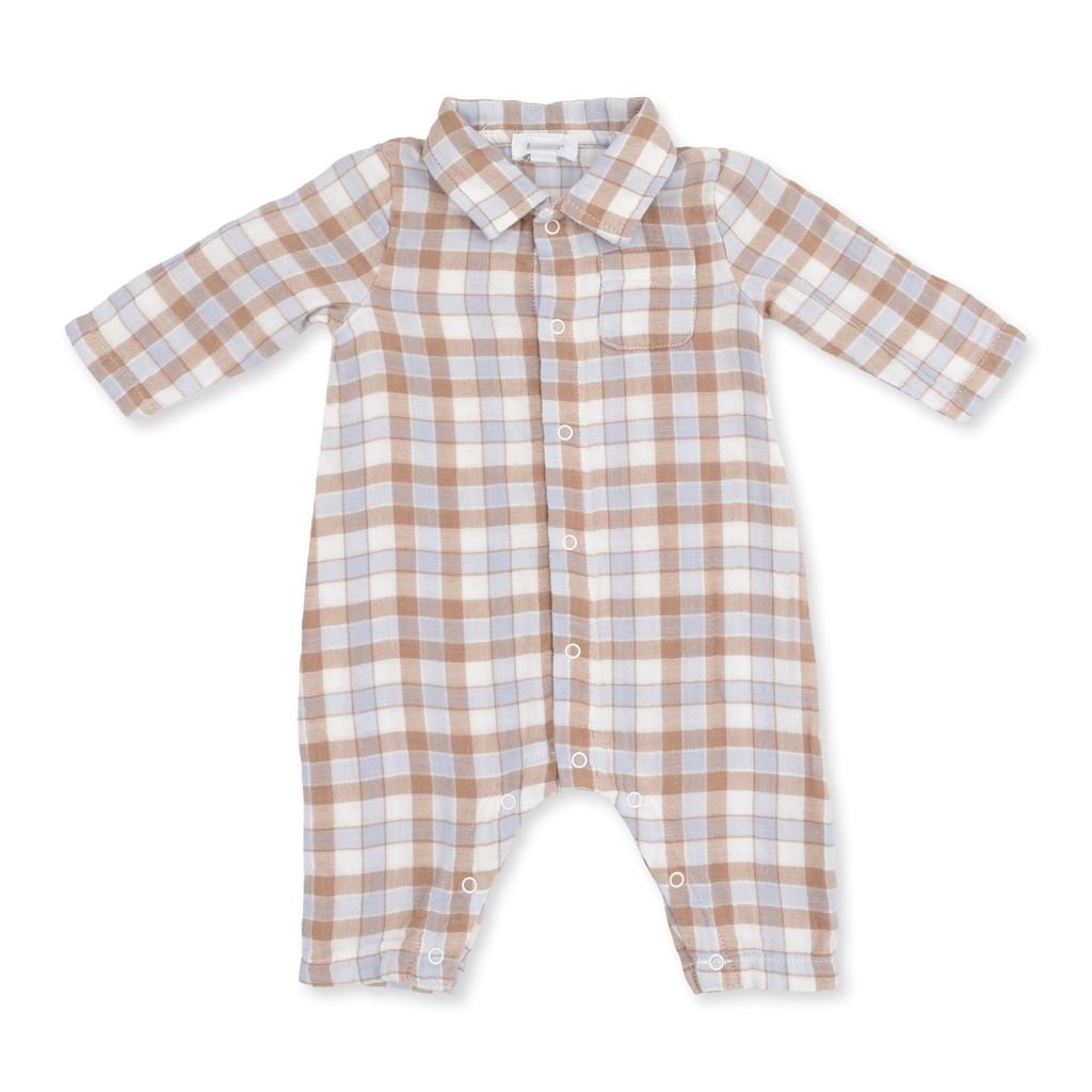 Angel Dear Long Sleeve Polo Button Down Romper, Western Plaid - Flying Ryno