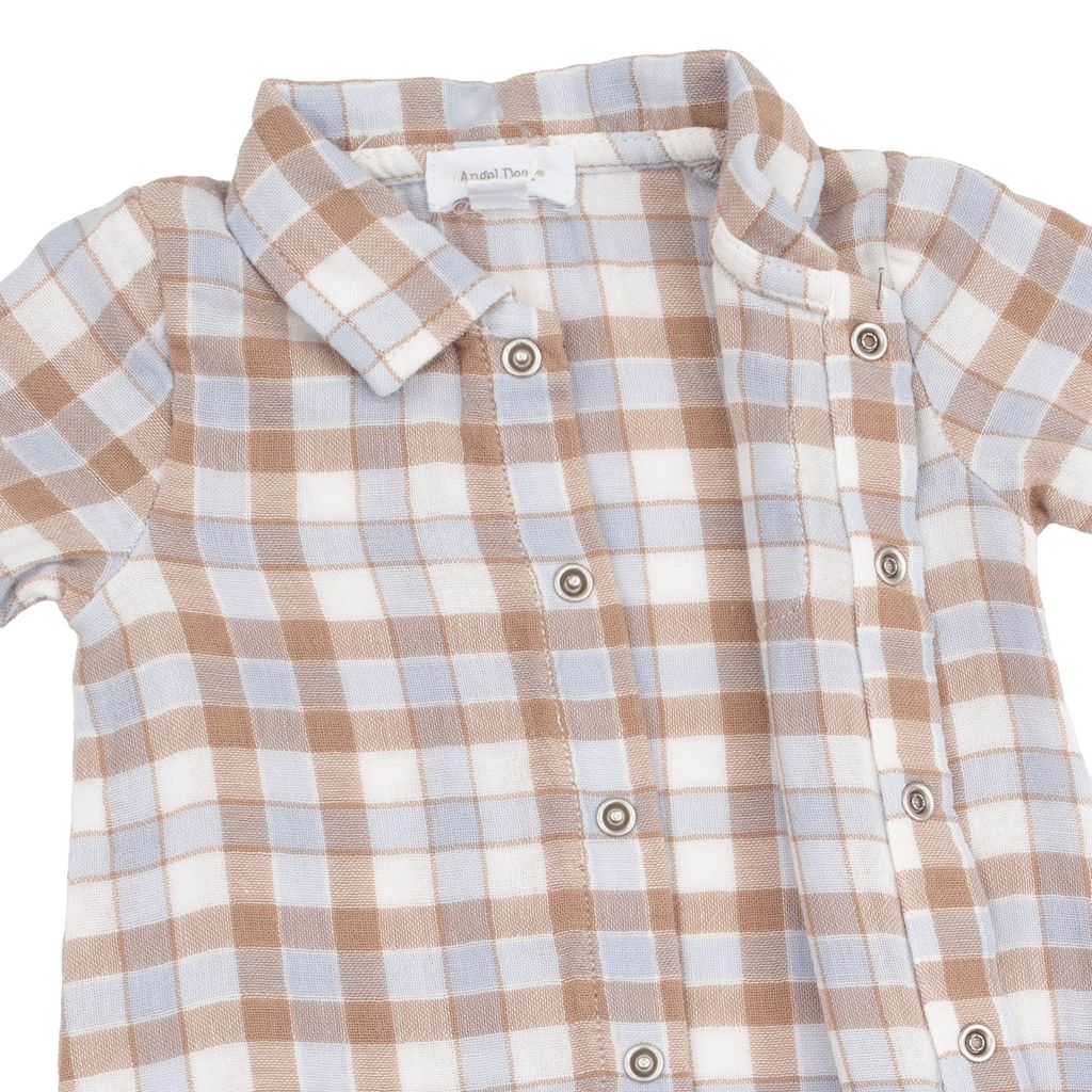 Angel Dear Long Sleeve Polo Button Down Romper, Western Plaid - Flying Ryno