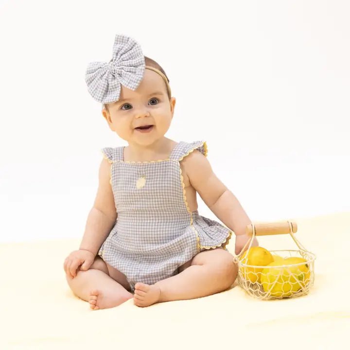 Angel Dear Ric Rac Ruffle Sunsuit, Micro Gingham Blue Blizzard - Flying Ryno
