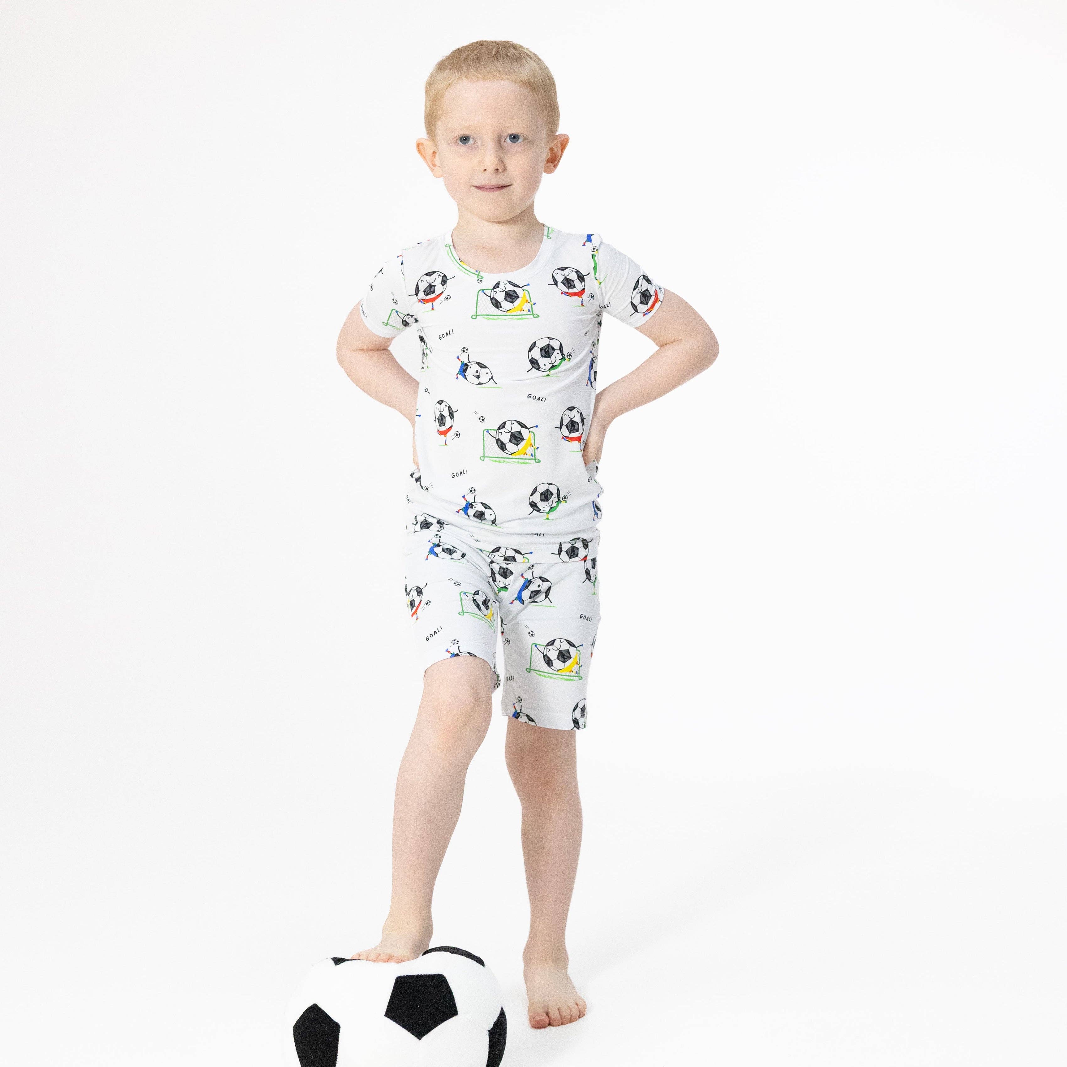 Angel Dear Loungewear Short Set, Soccer Balls Playing Soccer, Blue