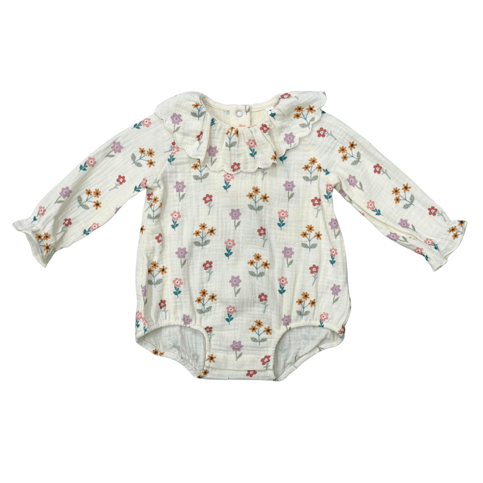 Babysprouts Baby Girl Gauze Frill Neck Bodysuit, Meadow Bloom - Flying Ryno
