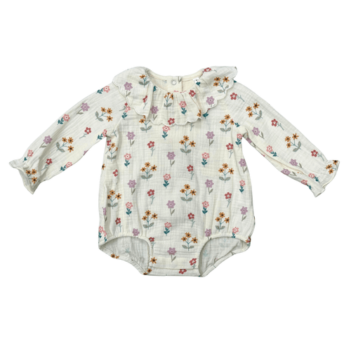 Babysprouts Baby Girl Gauze Frill Neck Bodysuit, Meadow Bloom - Flying Ryno