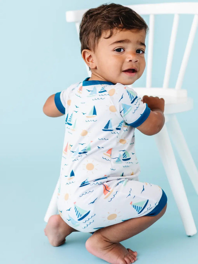 Bird and Bean Baby Bamboo Short Zip Romper - Kai Sailboat - Flying Ryno