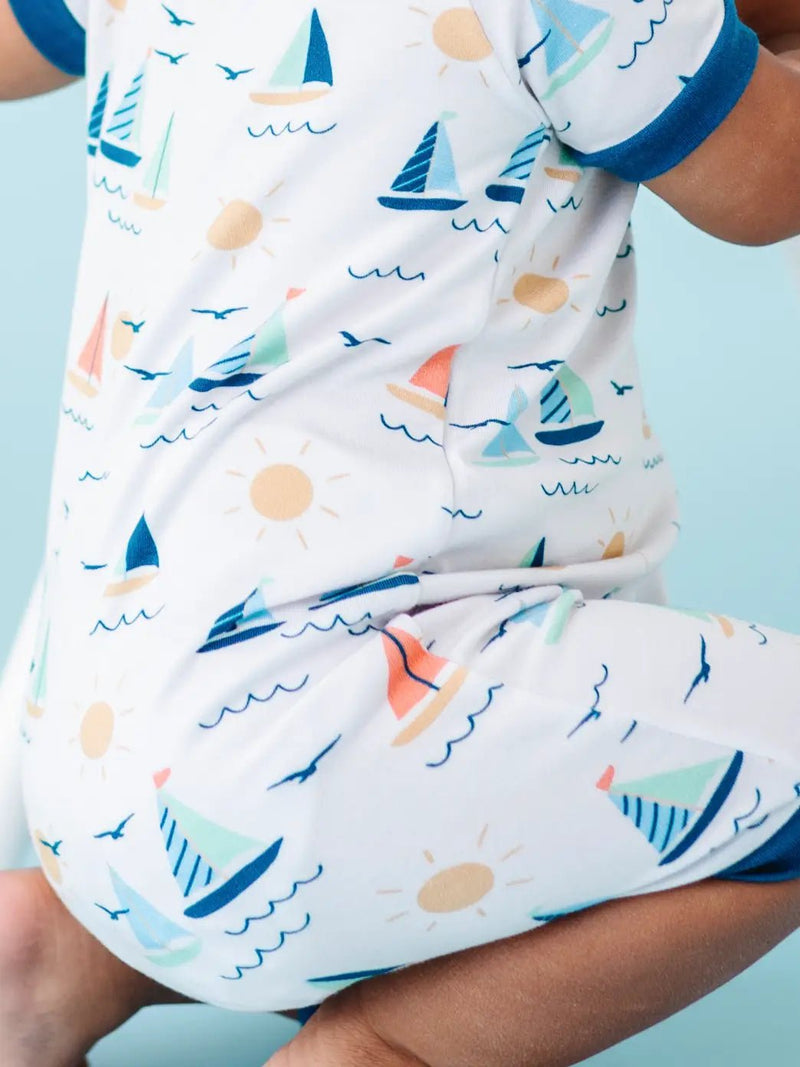 Bird and Bean Baby Bamboo Short Zip Romper - Kai Sailboat - Flying Ryno