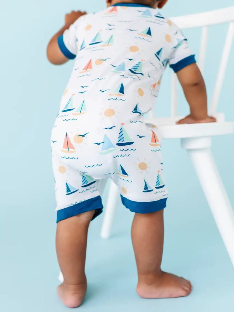 Bird and Bean Baby Bamboo Short Zip Romper - Kai Sailboat - Flying Ryno