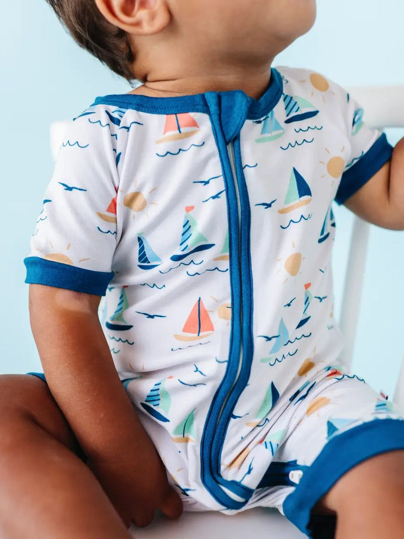 Bird and Bean Baby Bamboo Short Zip Romper - Kai Sailboat - Flying Ryno