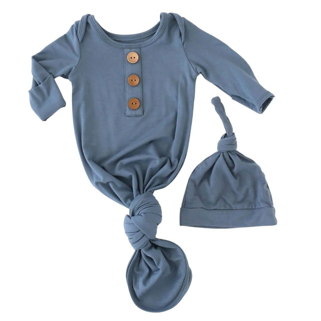 Caden Lane Solid Dusty Blue Bamboo Baby Knot Gown & Hat - Flying Ryno