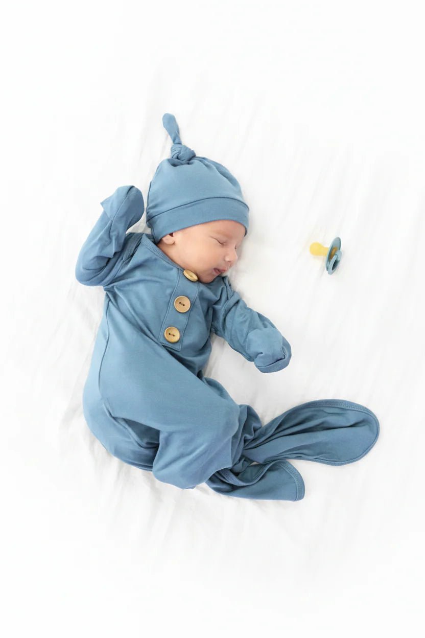 Caden Lane Solid Dusty Blue Bamboo Baby Knot Gown & Hat - Flying Ryno