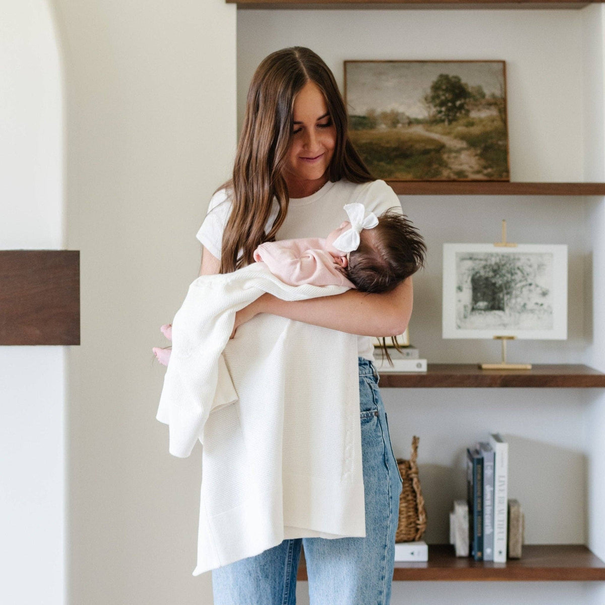 Saranoni Heirloom Cotton Knit Receiving Blanket, Cream