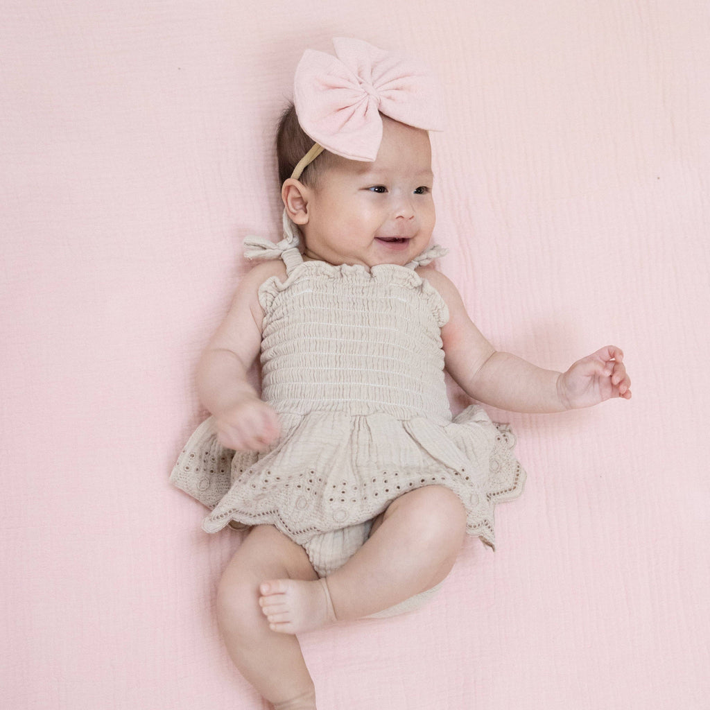 Angel Dear Smocked Bubble with Skirt, Solid Muslin French Oak